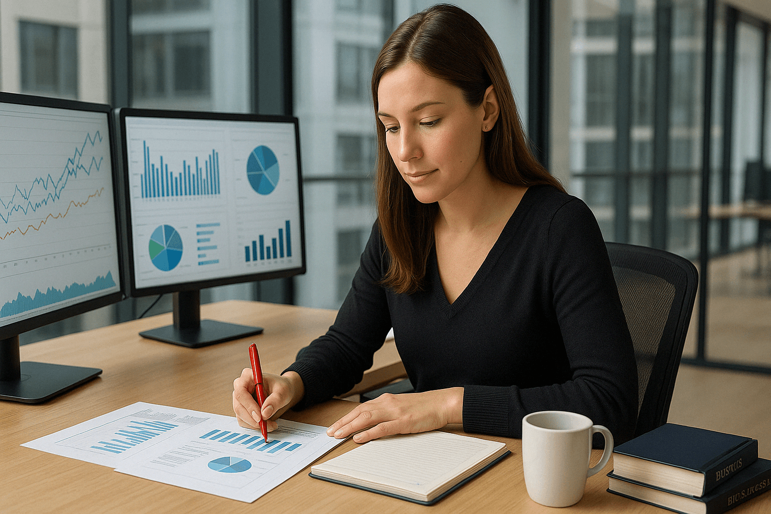 Photo d'une analyste annotant des graphiques financiers à son poste de travail