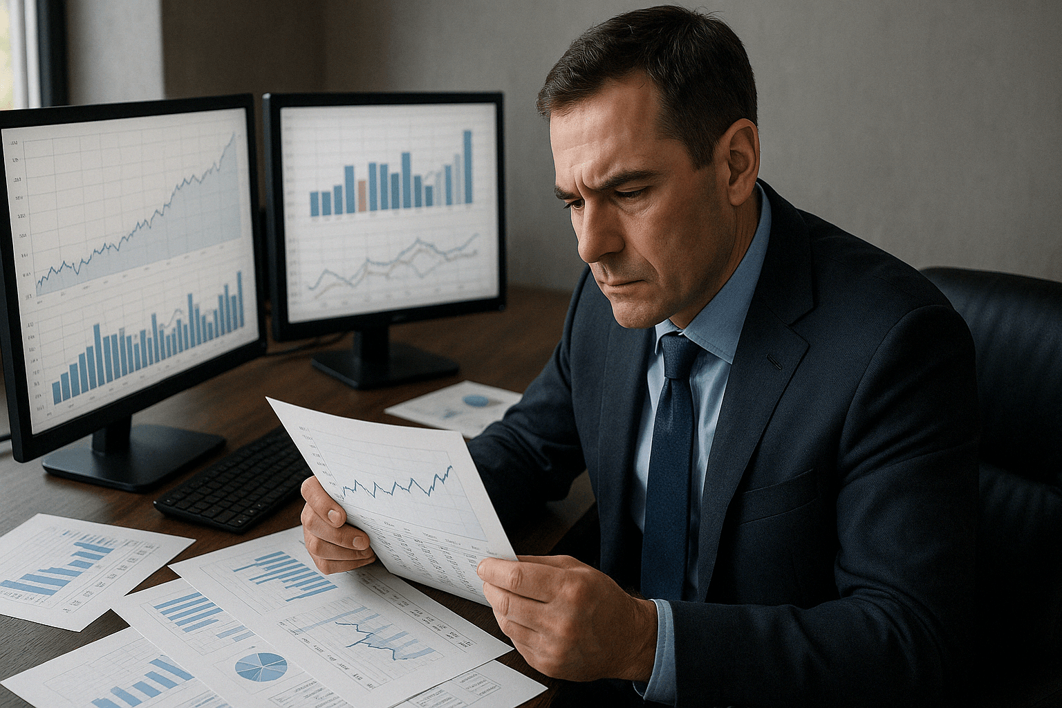 Photo d'un homme en costume analysant des rapports financiers à son bureau