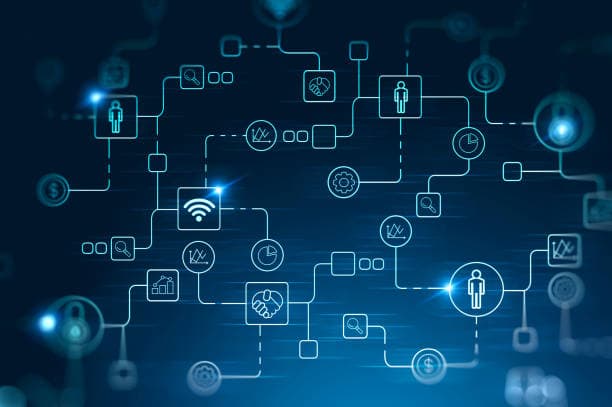 Photo d'un schéma numérique illustrant un réseau interconnecté avec des icônes technologiques et processus