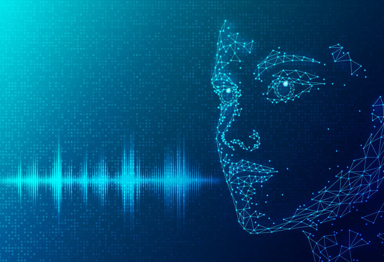 Illustration d'intelligence artificielle avec visage numérique en fil de fer et ondes sonores représentant le traitement du langage naturel