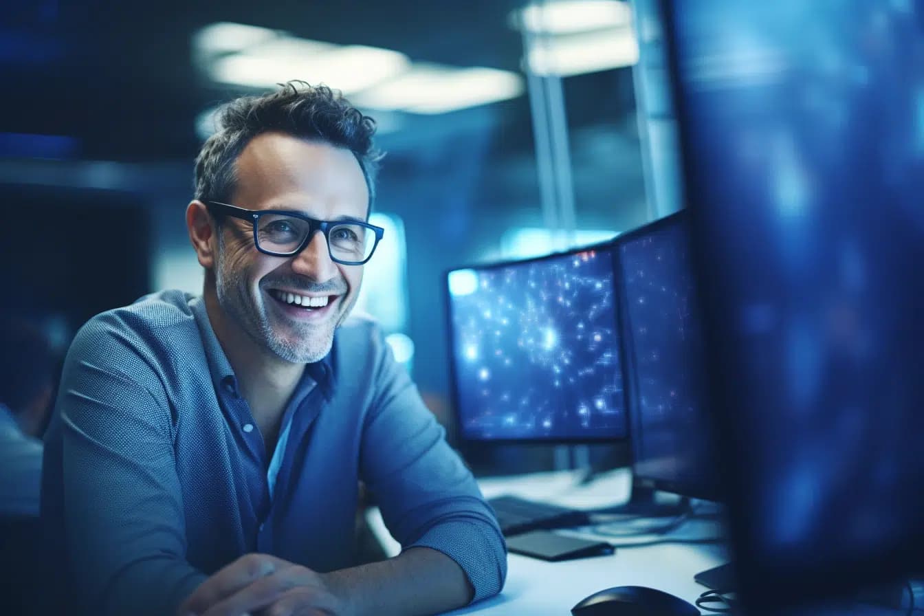 Ingénieur souriant travaillant sur des visualisations de données et réseaux neuronaux sur écrans dans un bureau high-tech