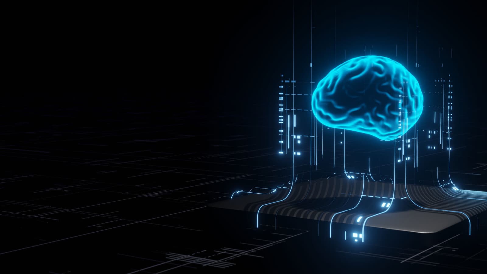 Photo d'un cerveau lumineux bleu connecté à un circuit imprimé sur fond noir