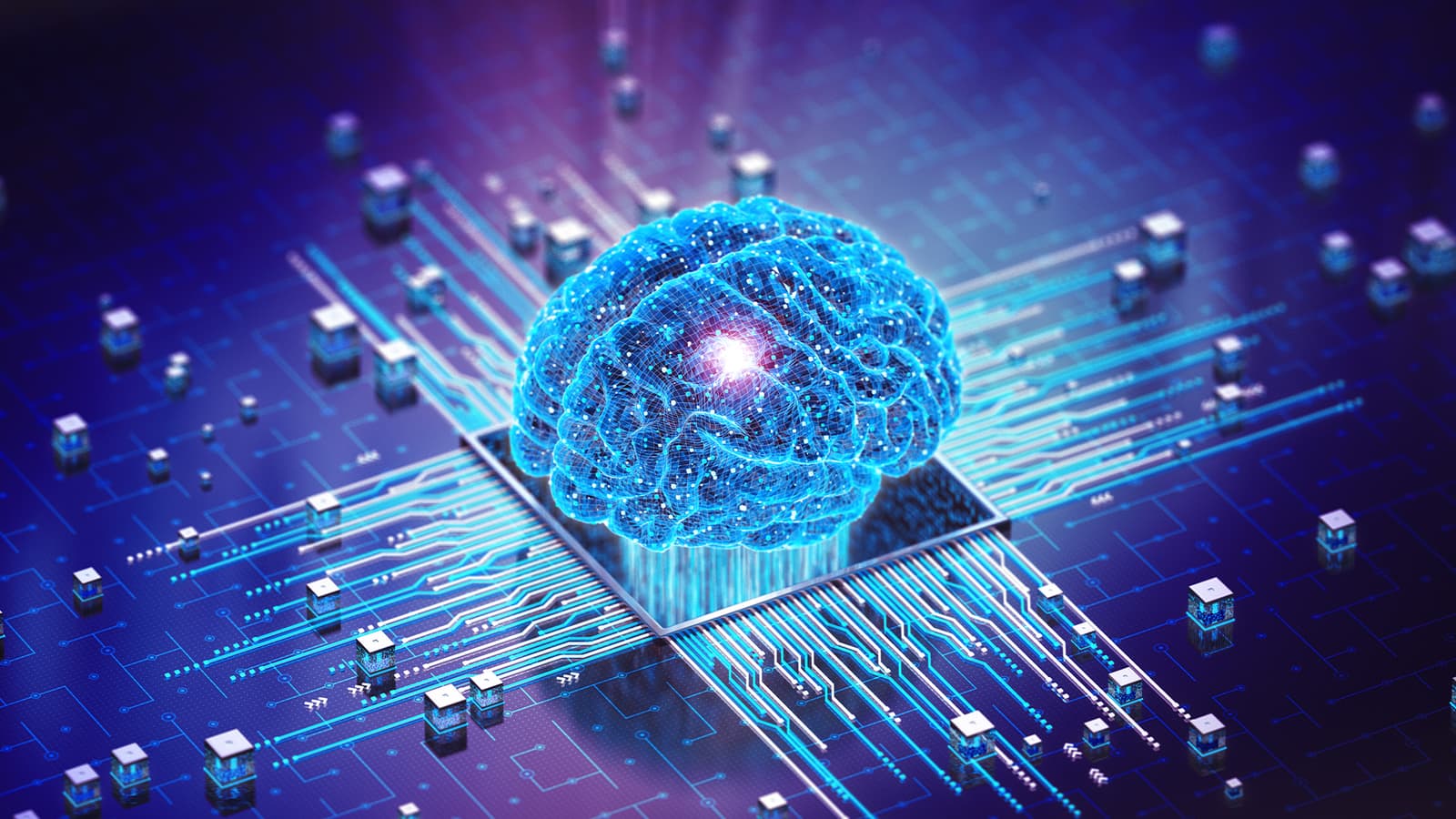 Photo d'un cerveau numérique lumineux posé sur un processeur au centre d'un circuit imprimé bleu