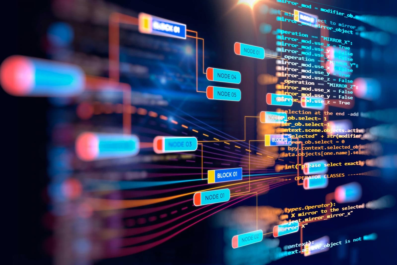 Photo de lignes de code et diagrammes de blocs de données sur un écran