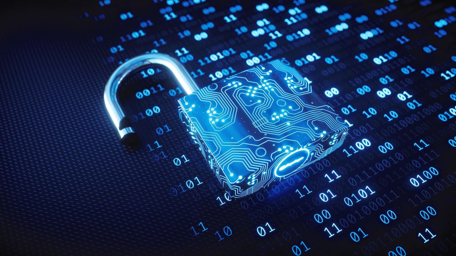Photo de cadenas numérique ouvert avec circuits sur un fond de code binaire