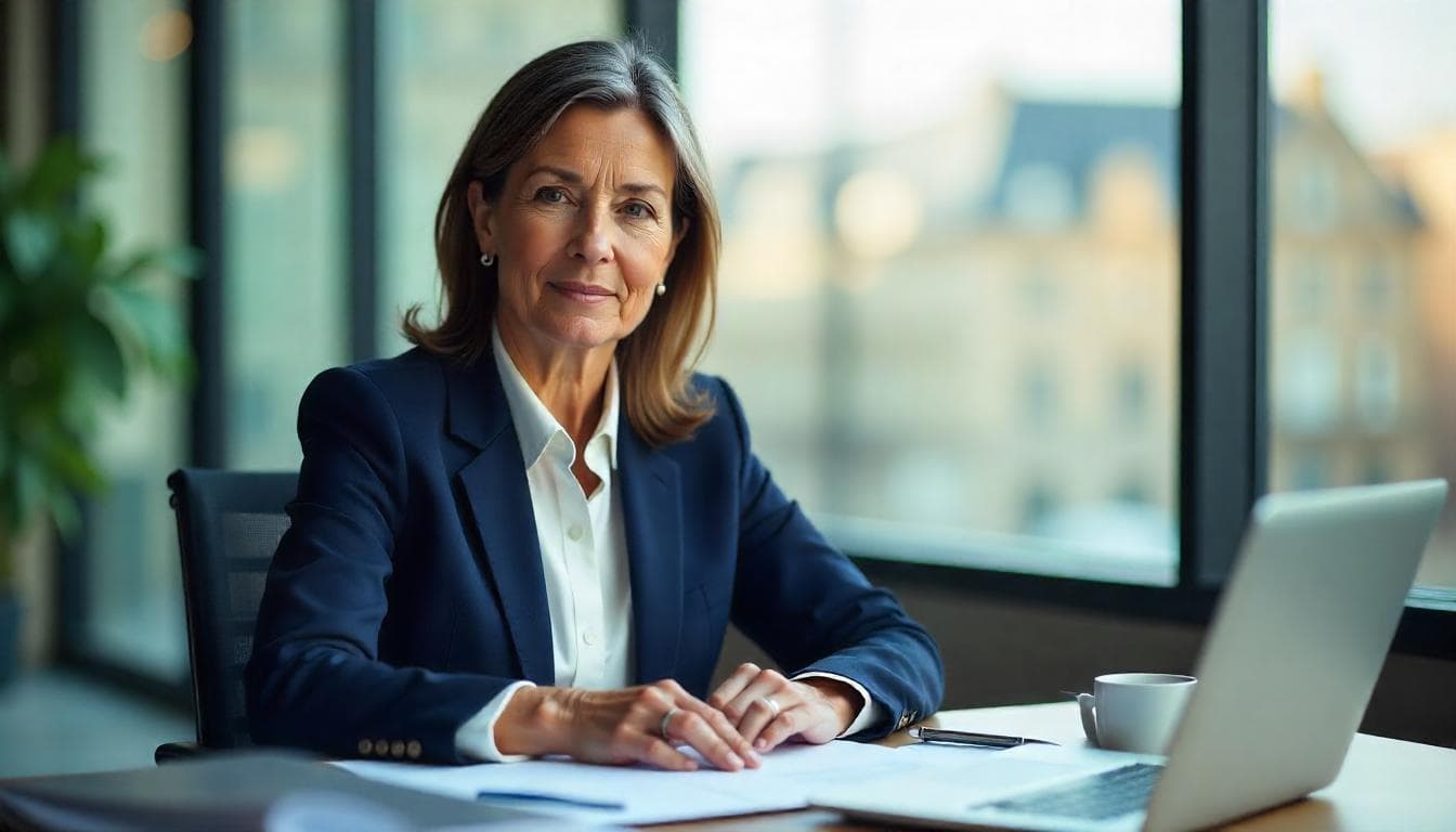 Directrice administrative et financière en tailleur sombre assise à son bureau avec ordinateur portable et documents