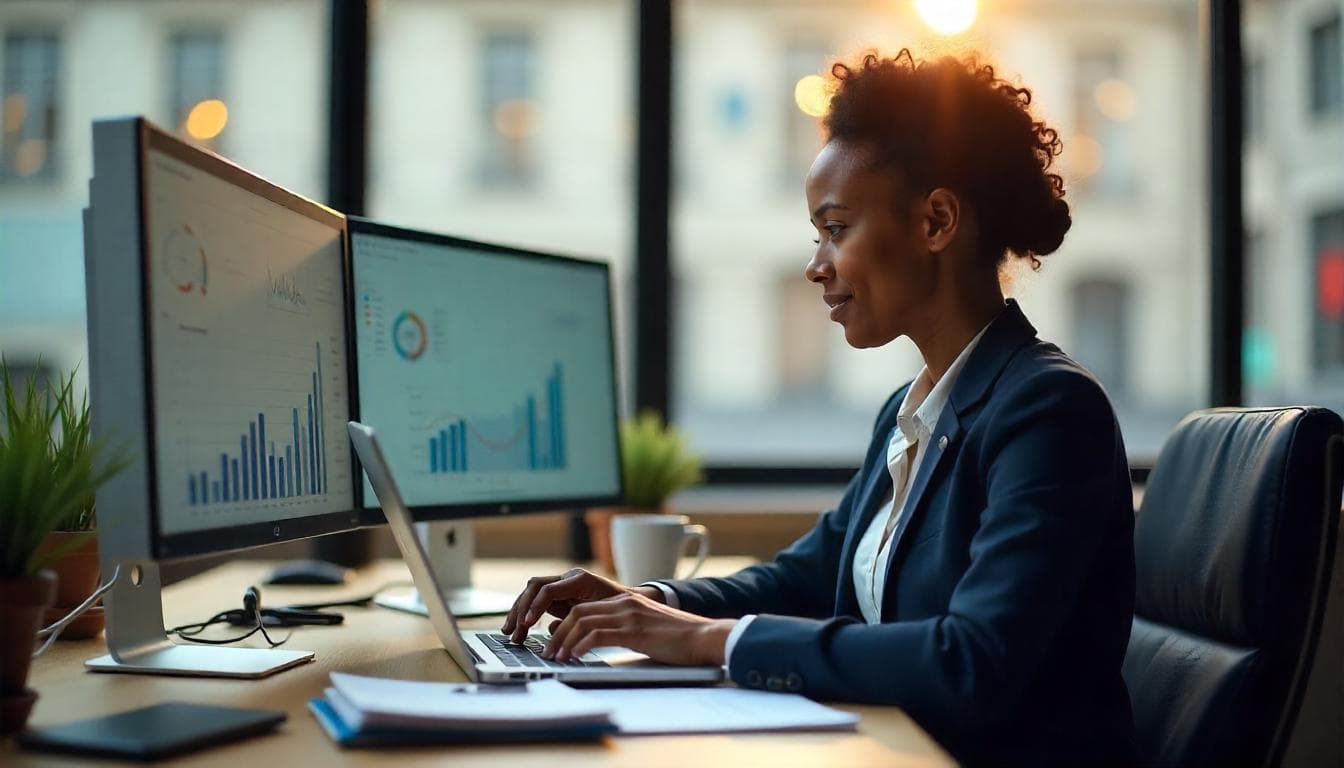 Professionnelle analysant des graphiques de croissance et indicateurs financiers sur ordinateur portable et écran de bureau