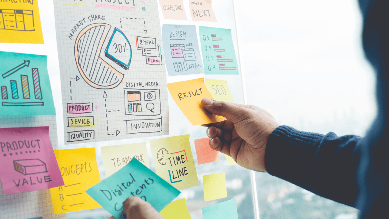 Photo d'une personne plaçant un post-it sur un tableau de planification stratégique marketing