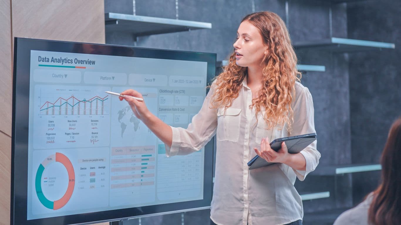 Photo d'une femme présentant un tableau de bord analytics sur un grand écran avec graphiques