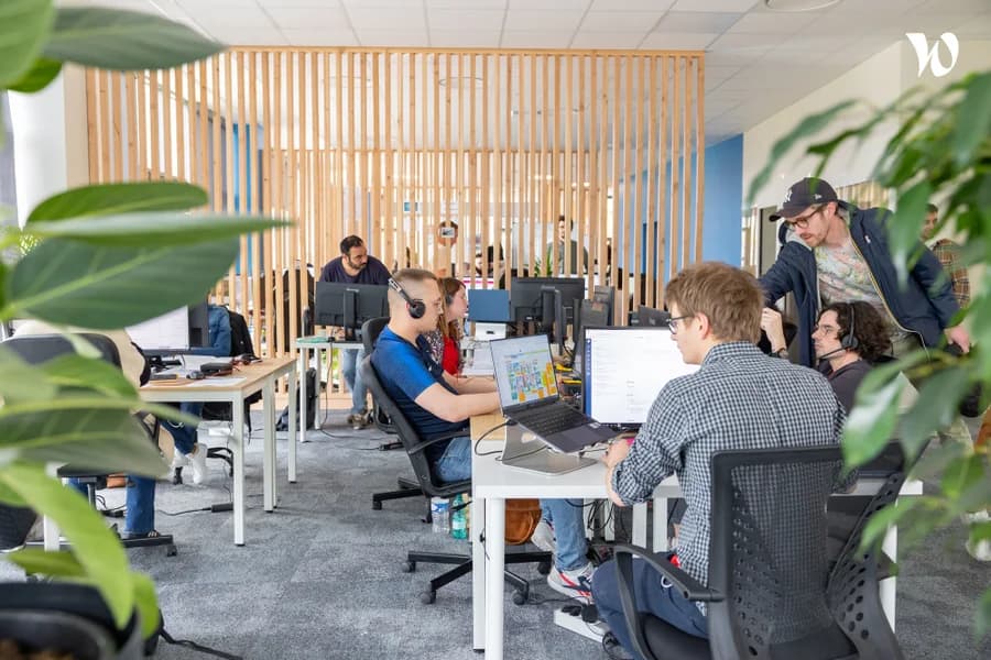Photo de développeurs travaillant sur des ordinateurs dans un open space végétalisé