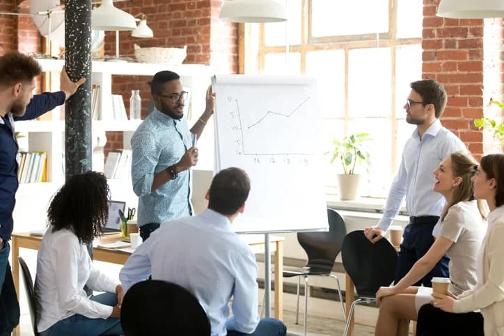 Photo d'un manager présentant un graphique de performance sur un tableau blanc