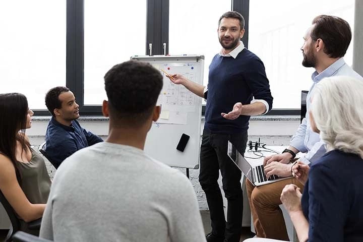Photo d'un manager présentant un schéma sur un tableau blanc devant son équipe attentive