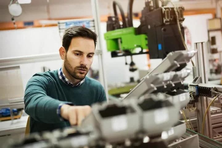 Photo d'un technicien réglant une machine industrielle dans un atelier de production