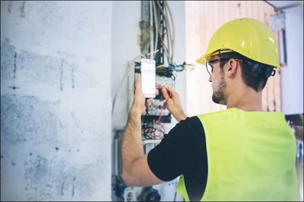 Photo d'un électricien en casque jaune testant un tableau électrique avec un multimètre