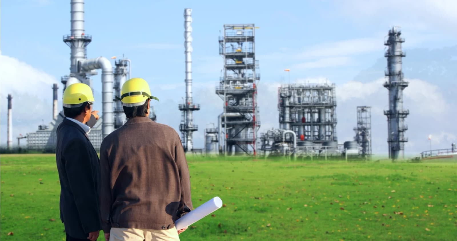 Photo de deux ingénieurs en casques observant une usine chimique depuis une pelouse