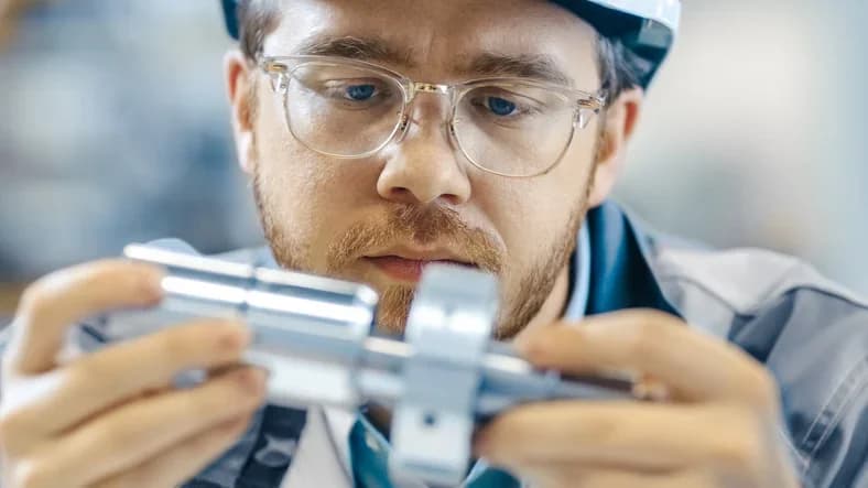 Photo d'un technicien avec casque et lunettes mesurant une pièce au pied à coulisse
