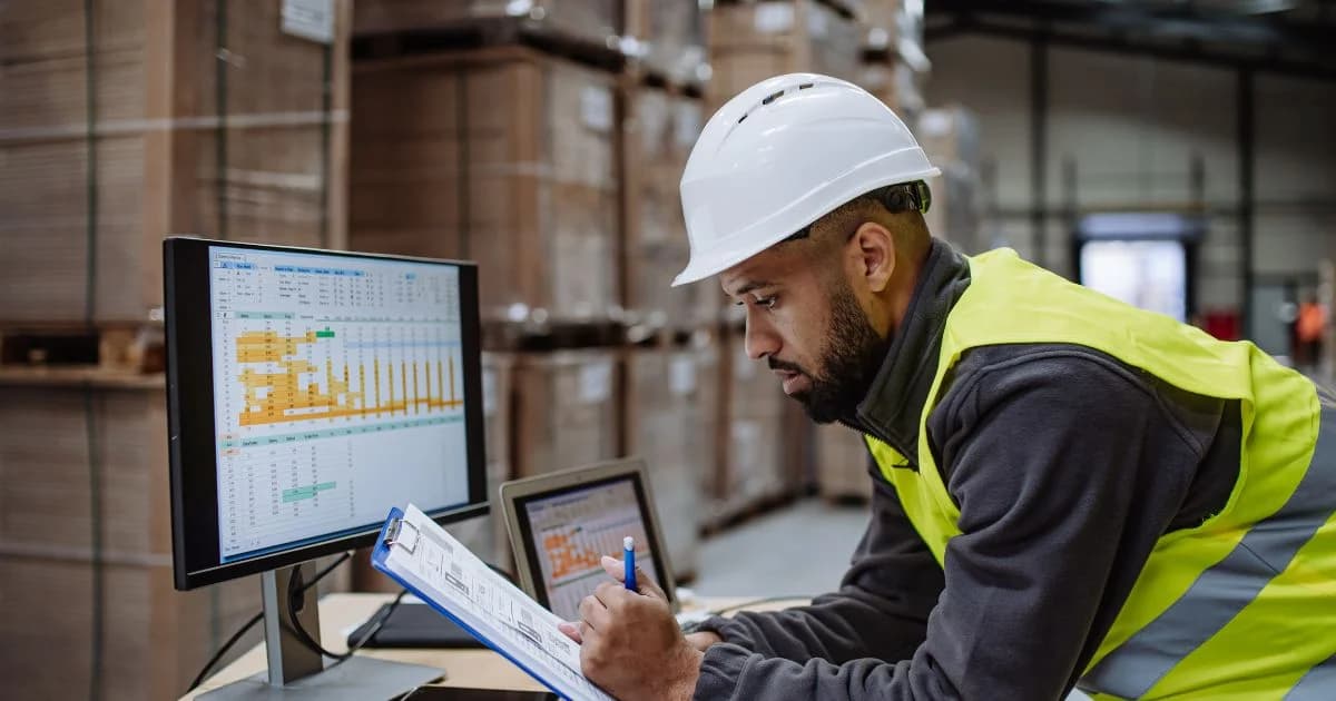 Photo d'un logisticien en casque et gilet jaune analysant des données sur écran dans un entrepôt