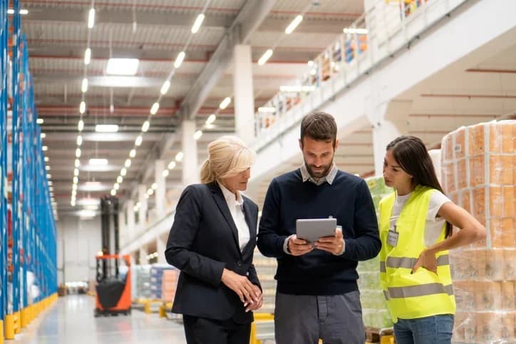 Photo de trois professionnels consultant une tablette dans un grand entrepôt logistique avec rayonnages