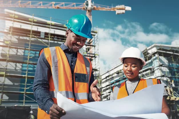 Photo de deux ingénieurs en casques et gilets orange lisant des plans devant un chantier avec grue