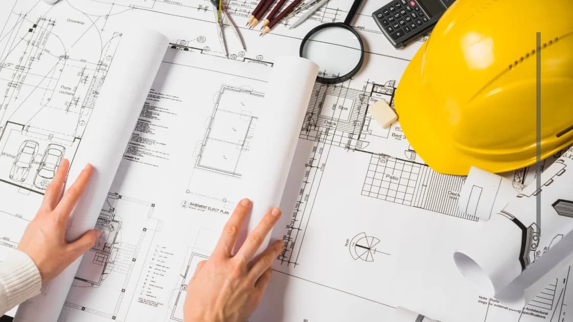 Photo de mains deroulant des plans de construction avec casque jaune, calculatrice et crayons sur le bureau