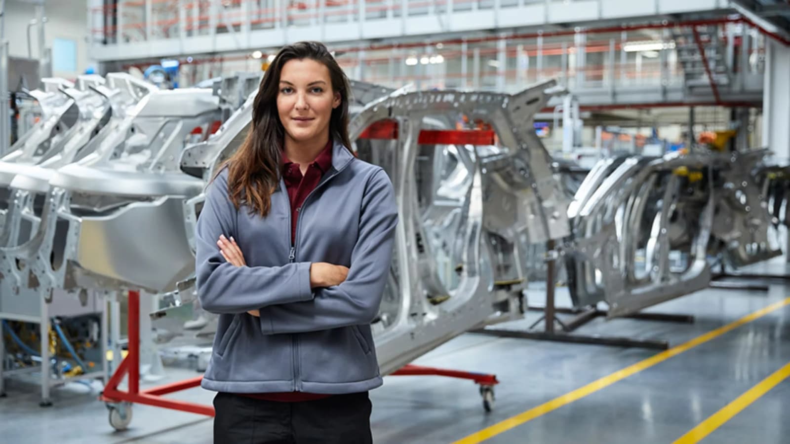 Photo d'une professionnelle bras croises devant une chaine d'assemblage de carrosseries automobiles