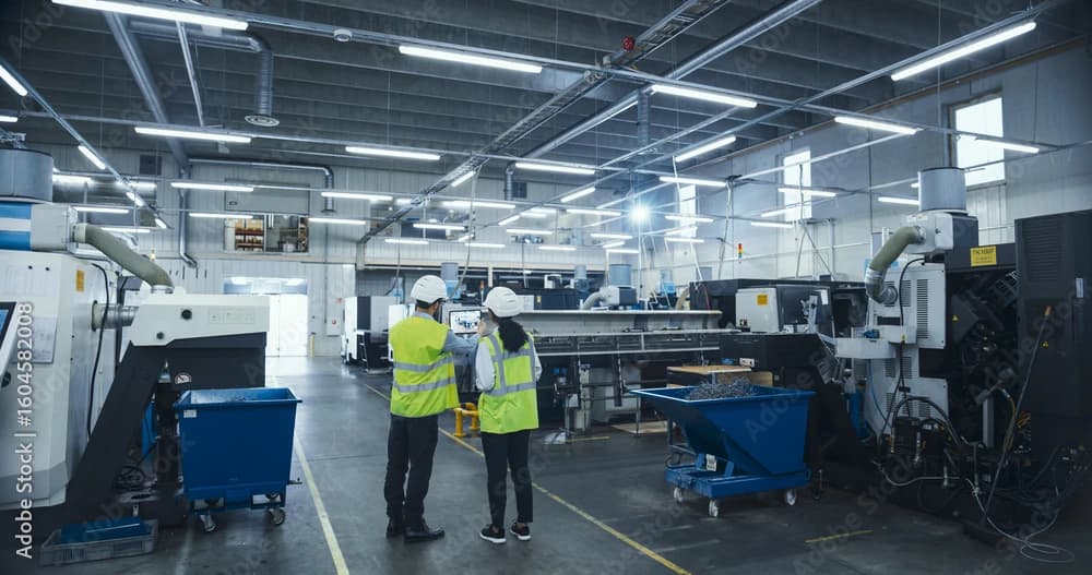 Photo de deux ingénieurs en gilets haute visibilité inspectant une ligne de production industrielle