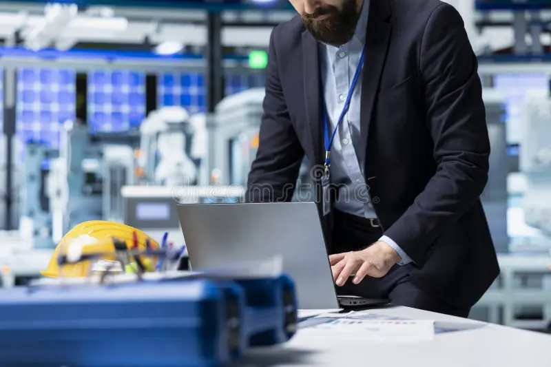 Photo d'un directeur technique travaillant sur un ordinateur portable dans une usine industrielle