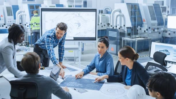 Photo d'une équipe d'ingénieurs analysant des plans techniques dans un laboratoire industriel