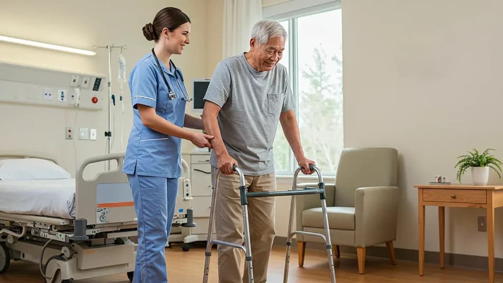 Photo d'une aide-soignante en blouse bleue aidant un patient âgé avec un déambulateur en chambre d'hôpital