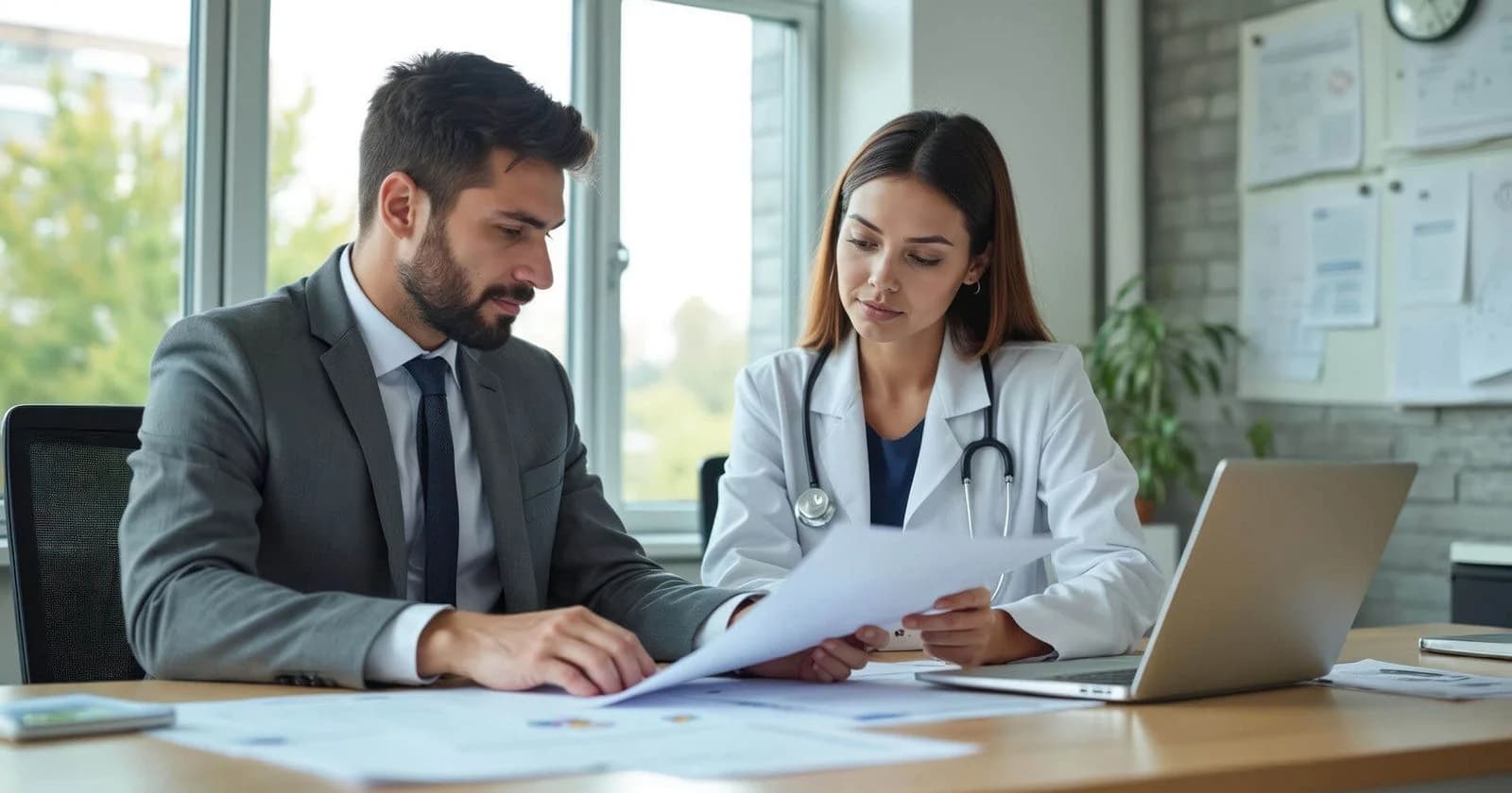 Photo d’un homme en costume et d’une femme médecin examinant des documents dans un bureau