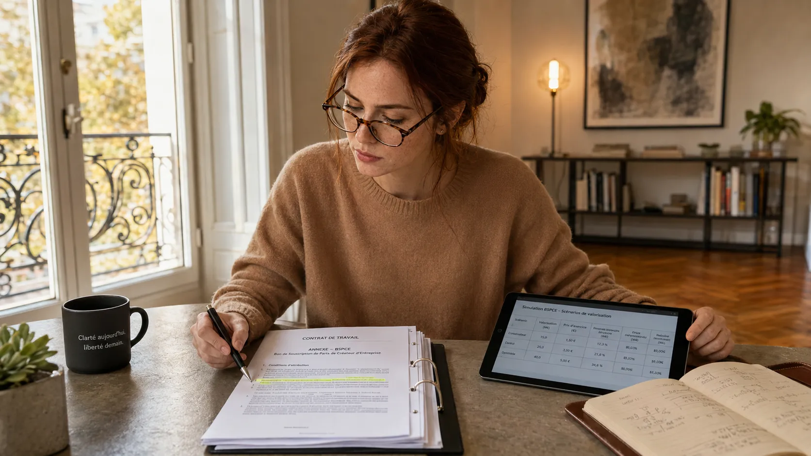 Candidate examinant un contrat d'embauche avec annexe BSPCE sur une tablette dans un bureau moderne