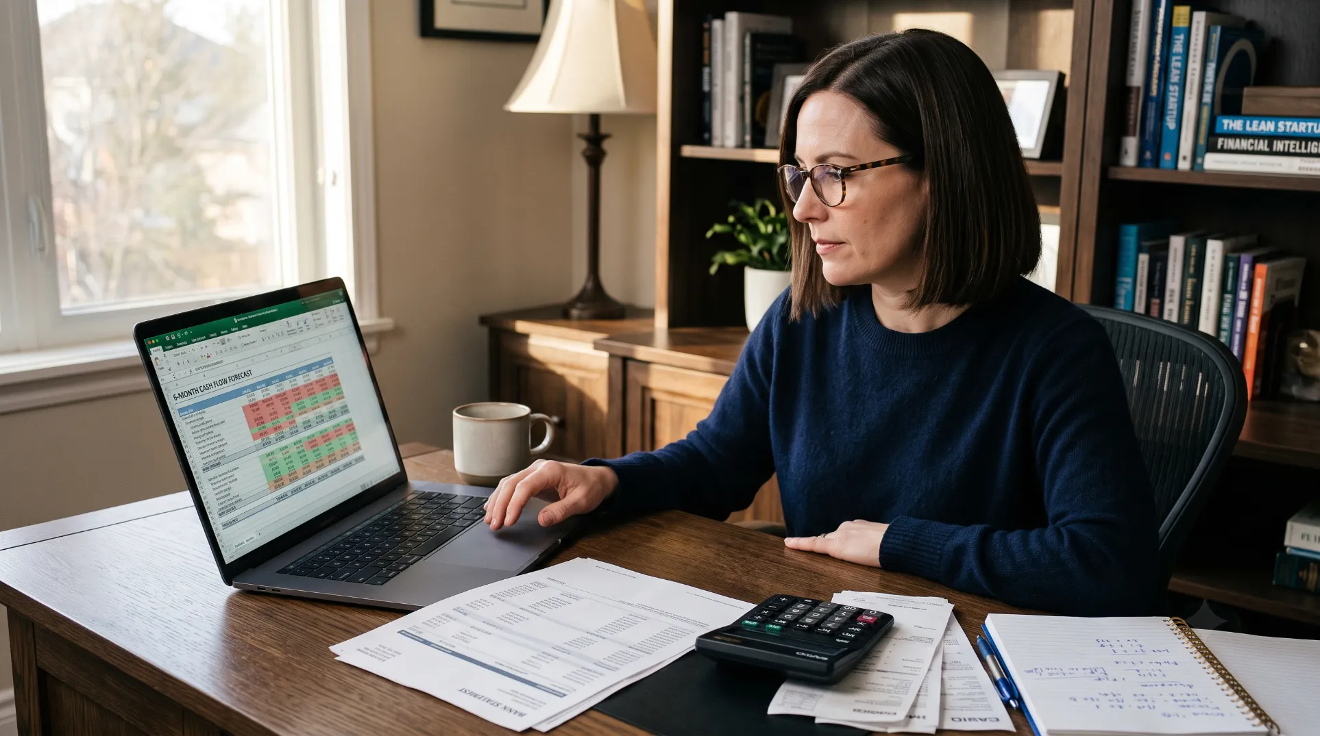 Recruteur independant consultant son tableau de tresorerie et ses factures en cours sur plusieurs ecrans