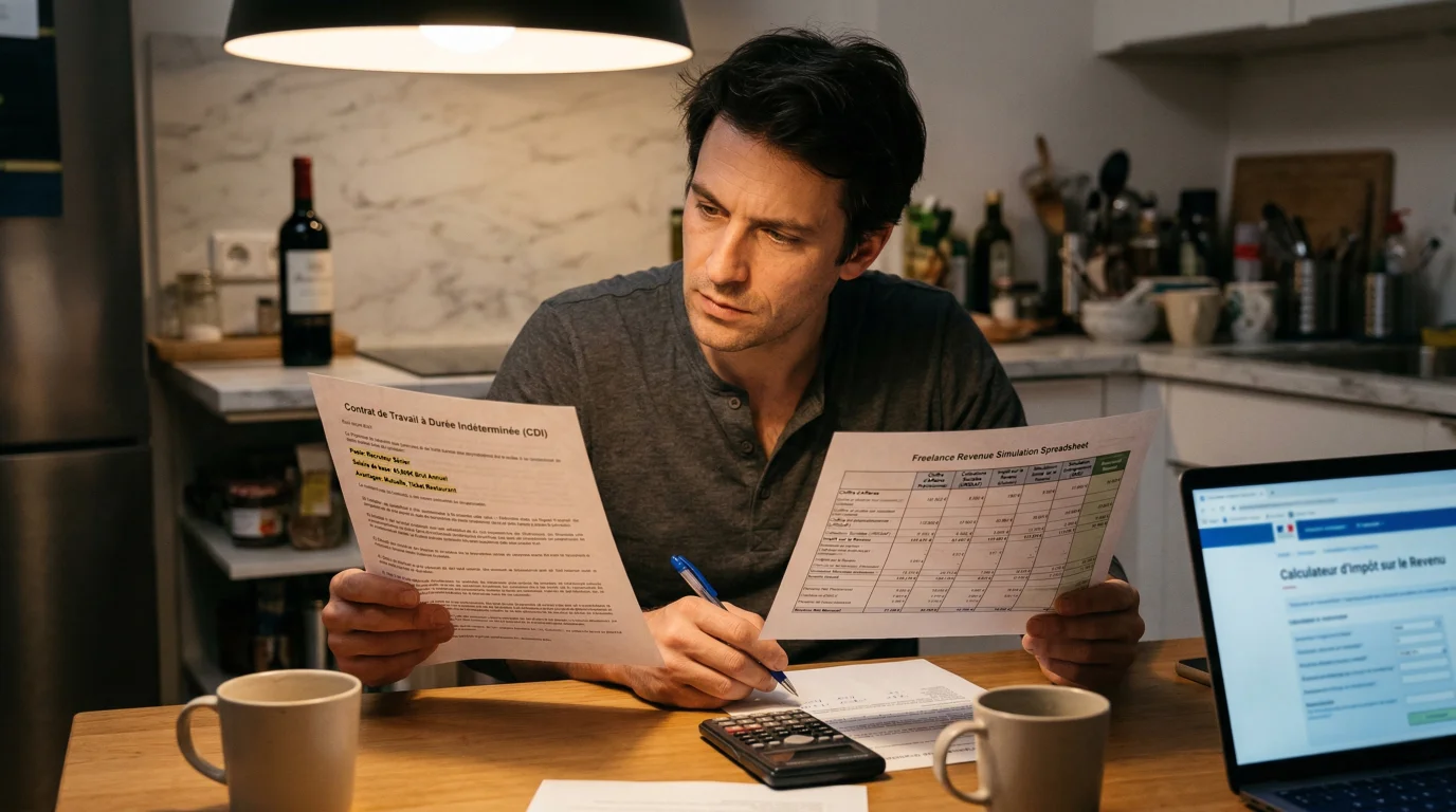 Recruteur reflechissant a son avenir professionnel, comparant deux options CDI et freelance avec des documents financiers