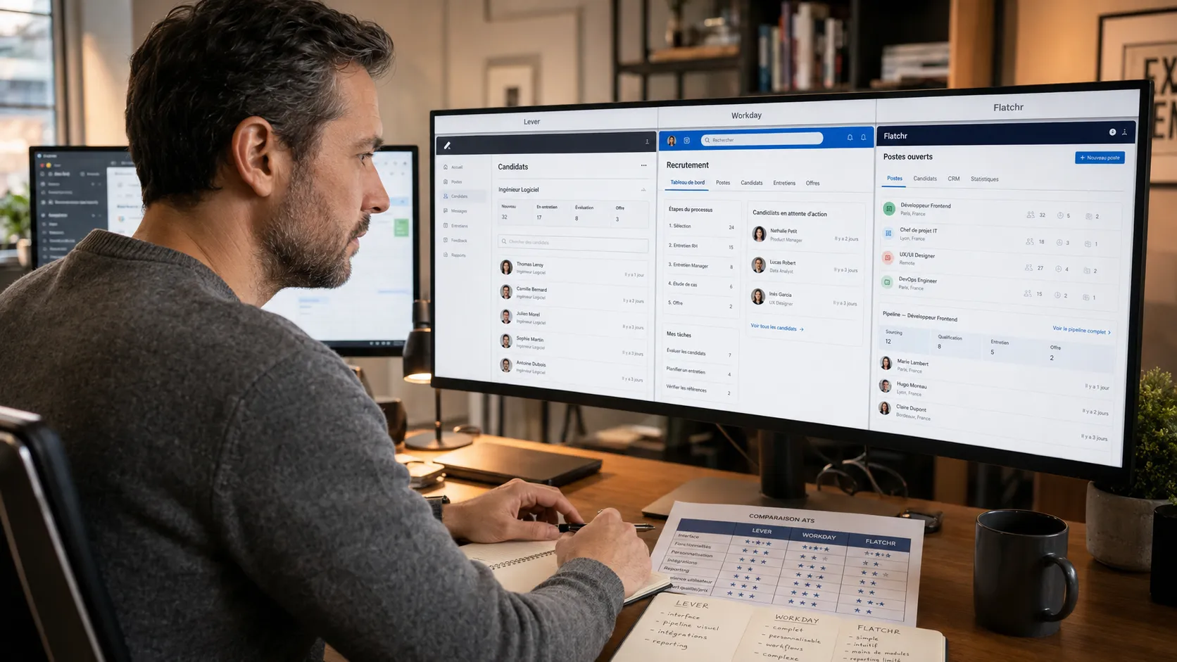 Recruteur independant analysant plusieurs interfaces d'ATS sur son ordinateur pour comparer les fonctionnalites