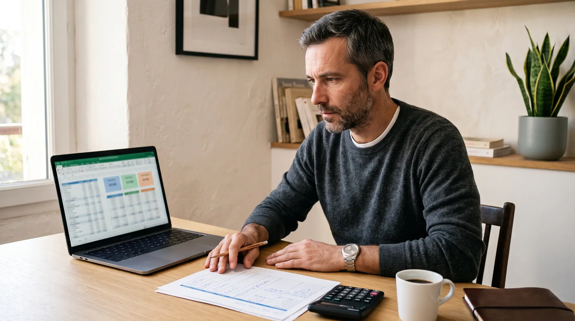 Recruteur independant calculant sa remuneration annuelle sur un tableur de projection depuis son bureau