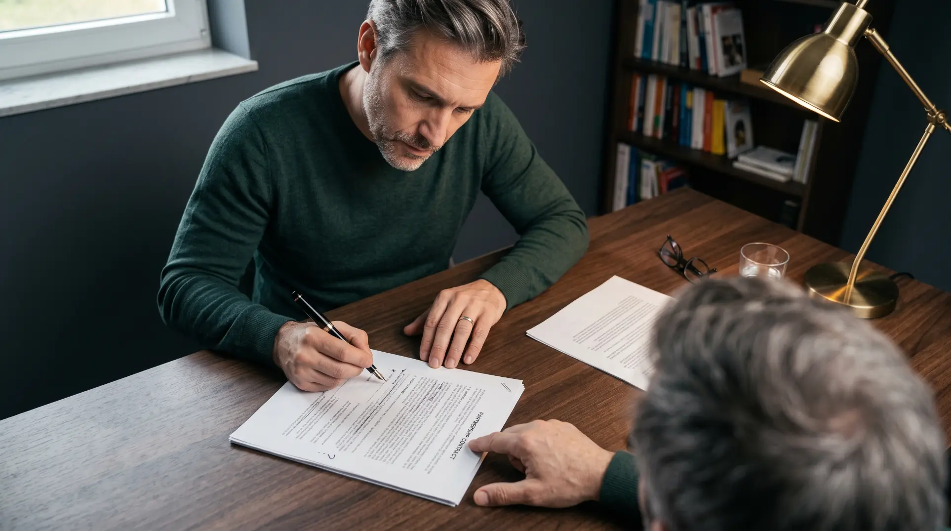 Recruteur independant relisant les clauses de son contrat de collectif avec un stylo a la main