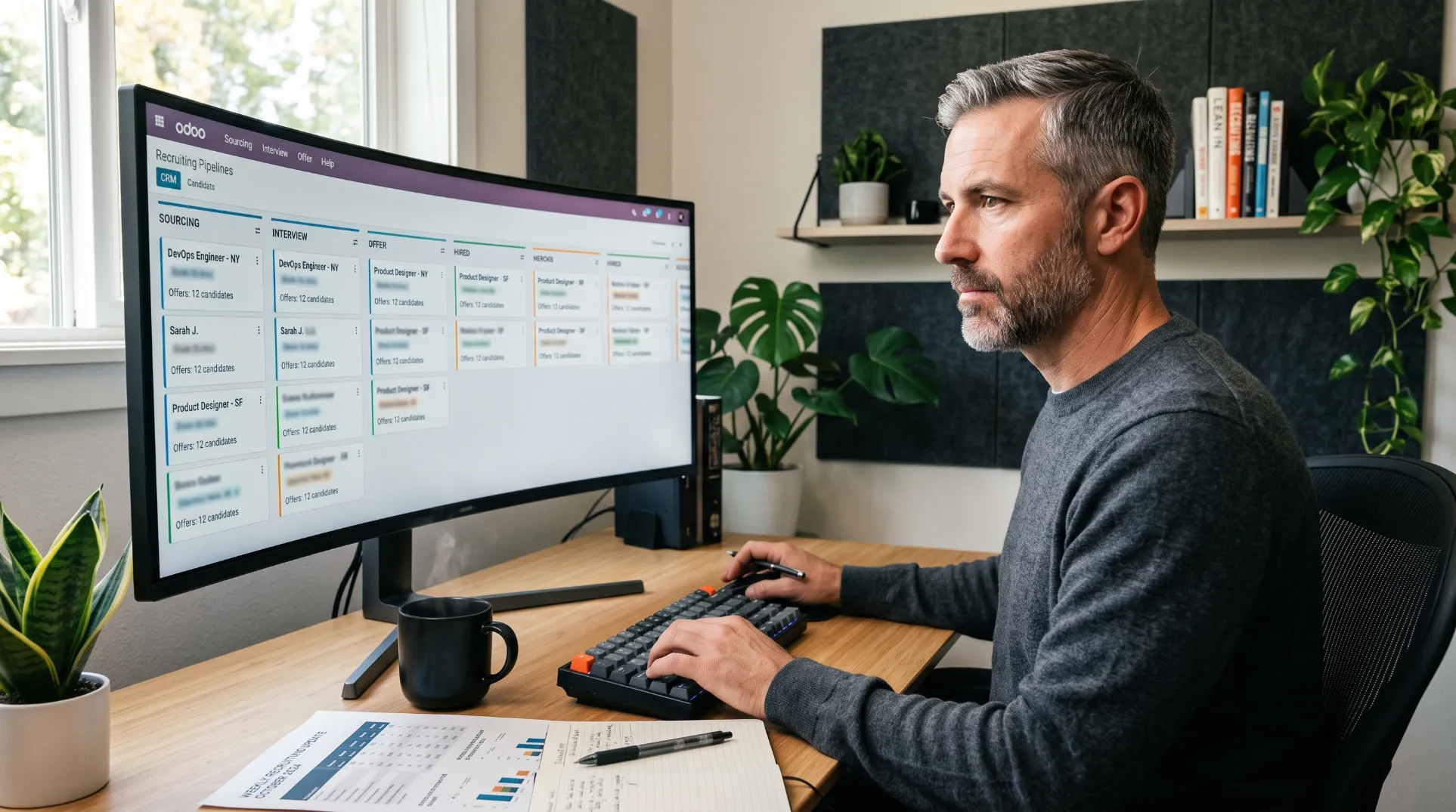 Recruteur analysant son pipeline de missions sur un CRM avec plusieurs colonnes d'etapes affichees sur son ecran
