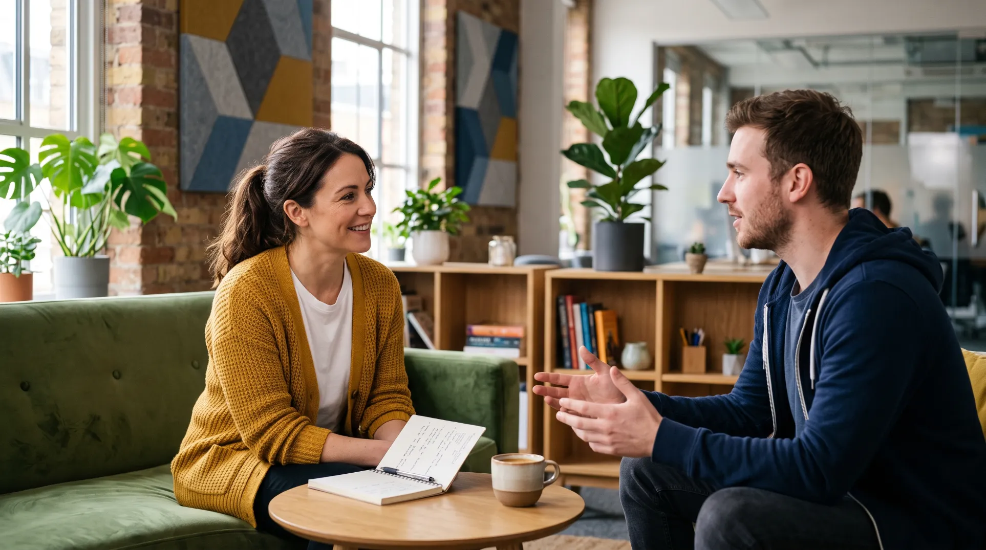 First-time manager en session one-to-one avec un membre de son equipe dans un bureau lumineux