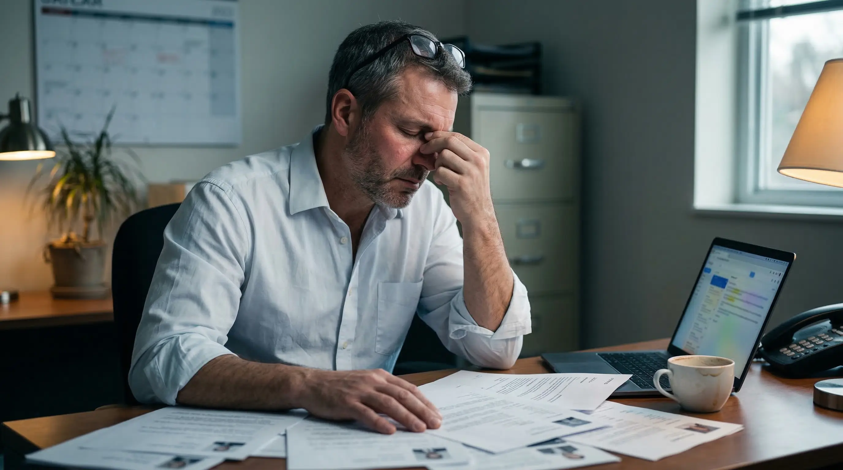 Responsable RH frustre face a des CV empiles sur son bureau, illustrant les erreurs de recrutement courantes