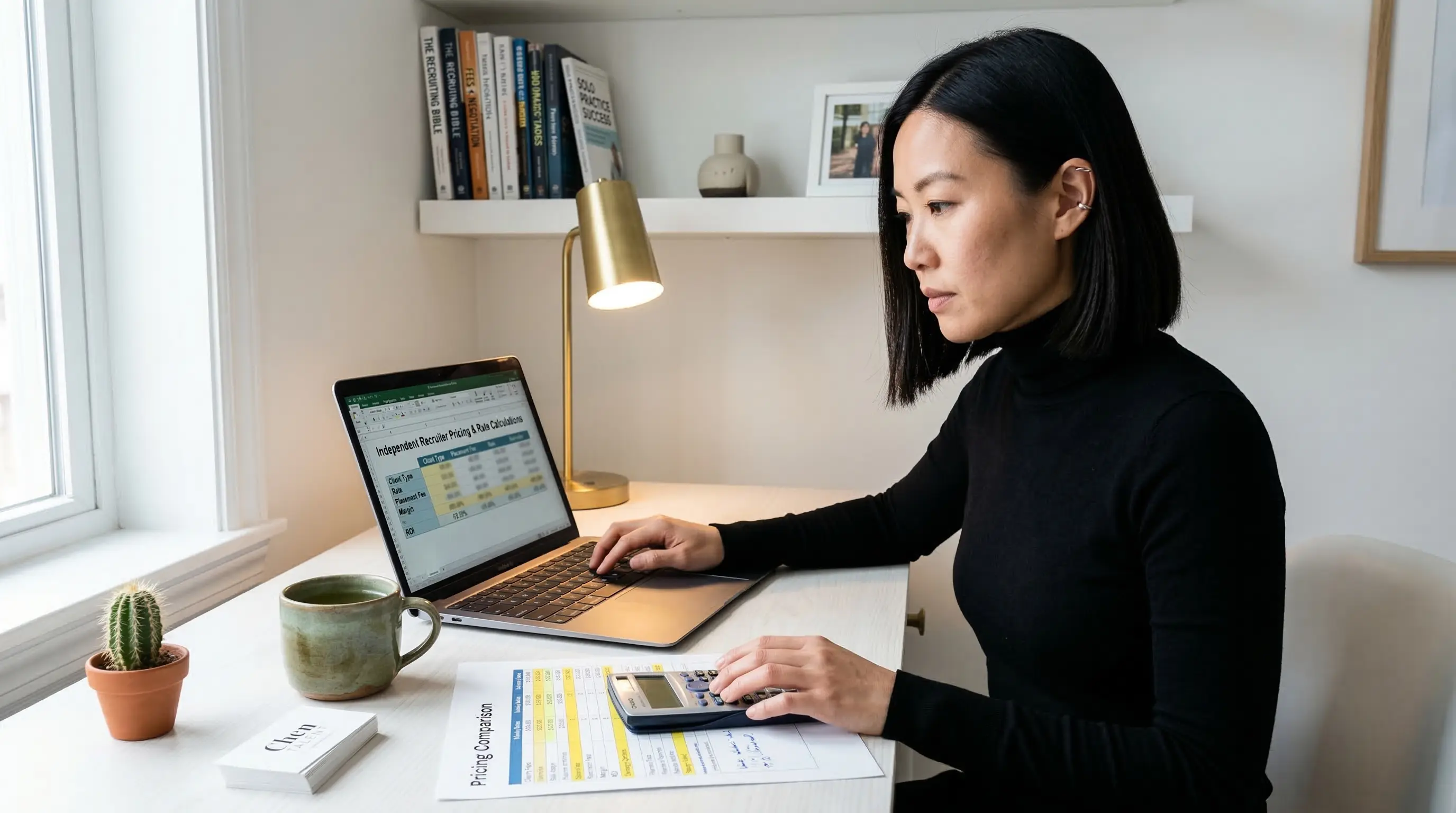 Recruteuse freelance calculant ses tarifs et sa strategie de pricing a son bureau