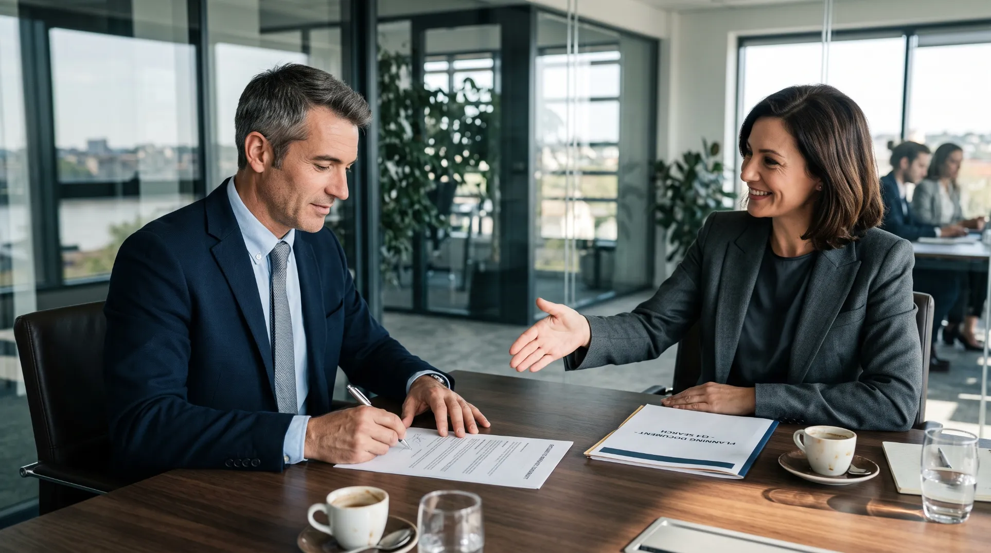 Recruteur independant en signature de mandat exclusif avec un client dirigeant dans un bureau professionnel