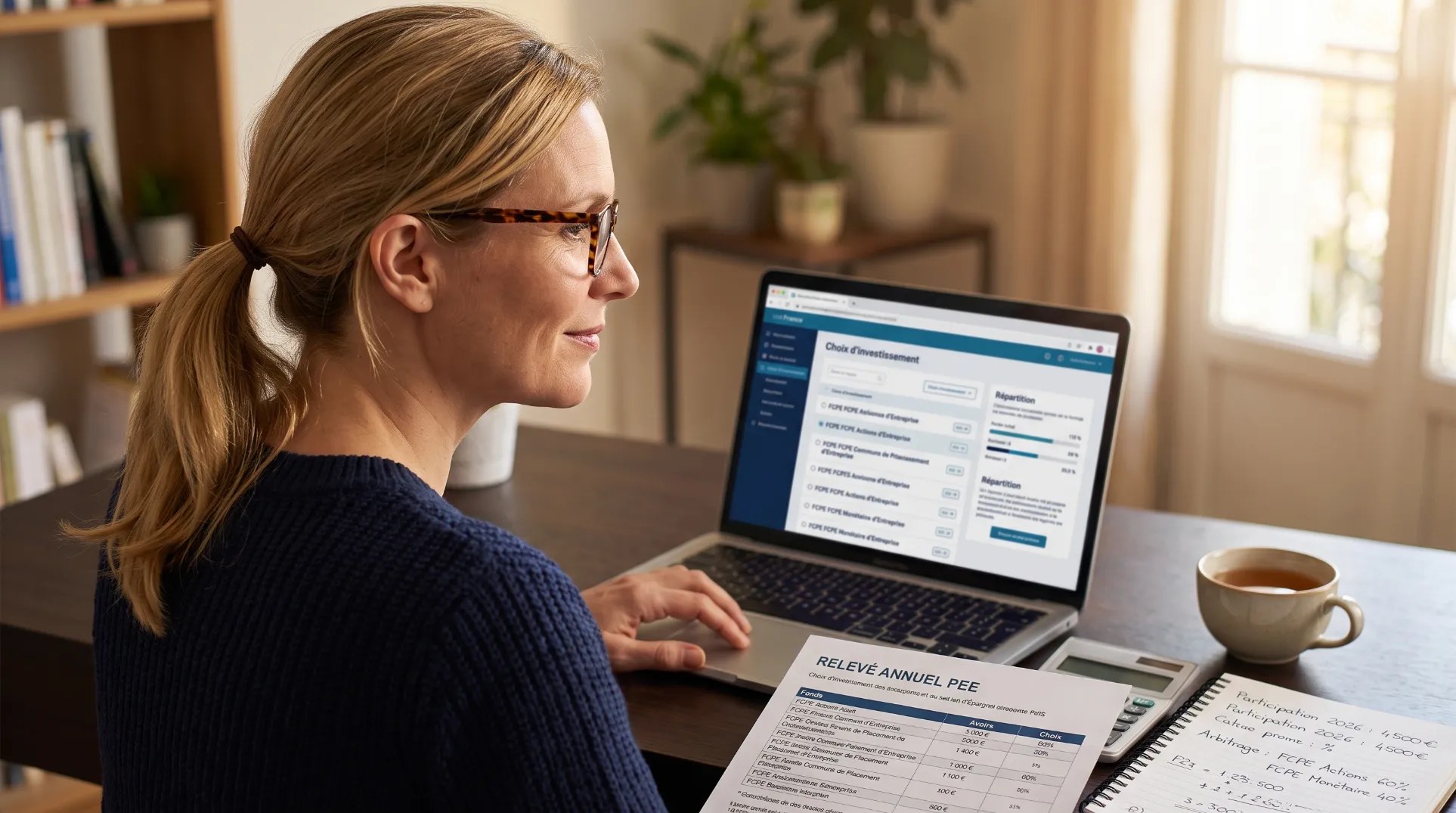 Collaboratrice consultant sa fiche de participation et de PEE sur son ordinateur avec calculatrice et documents