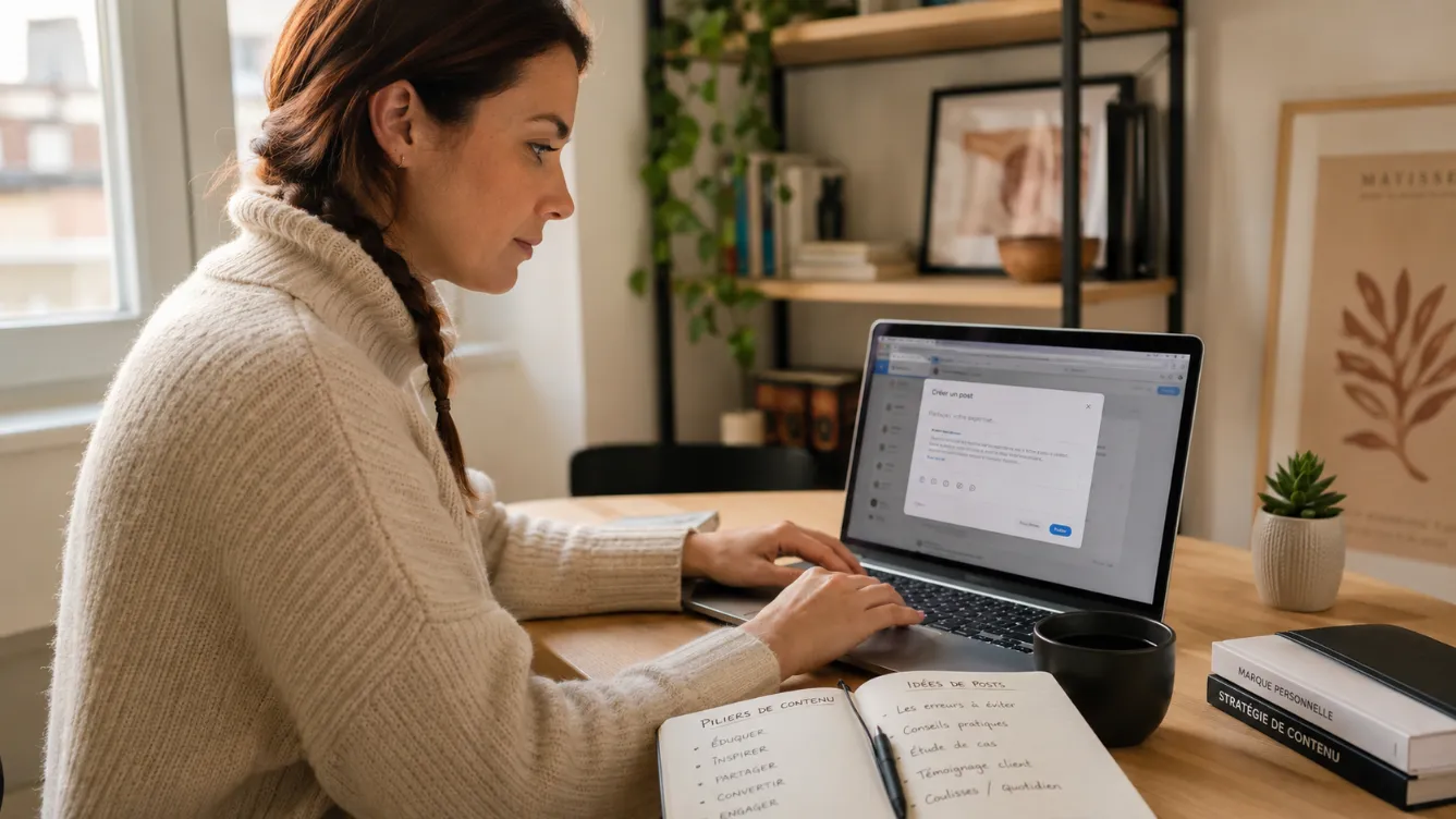 Cadre redigeant un post LinkedIn sur son ordinateur portable dans un espace de travail lumineux