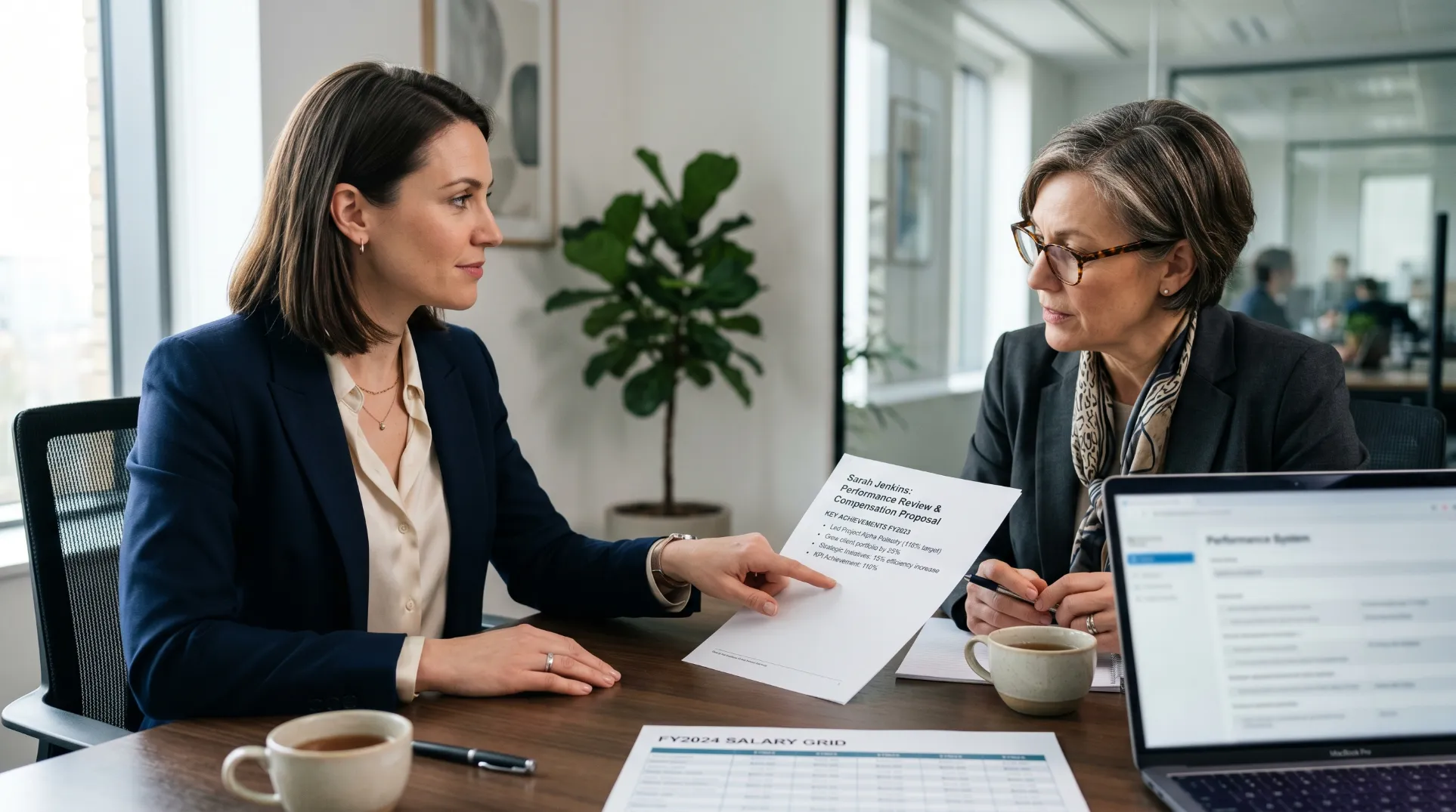 Collaboratrice en entretien de negociation salariale avec son manager autour d'une table de reunion