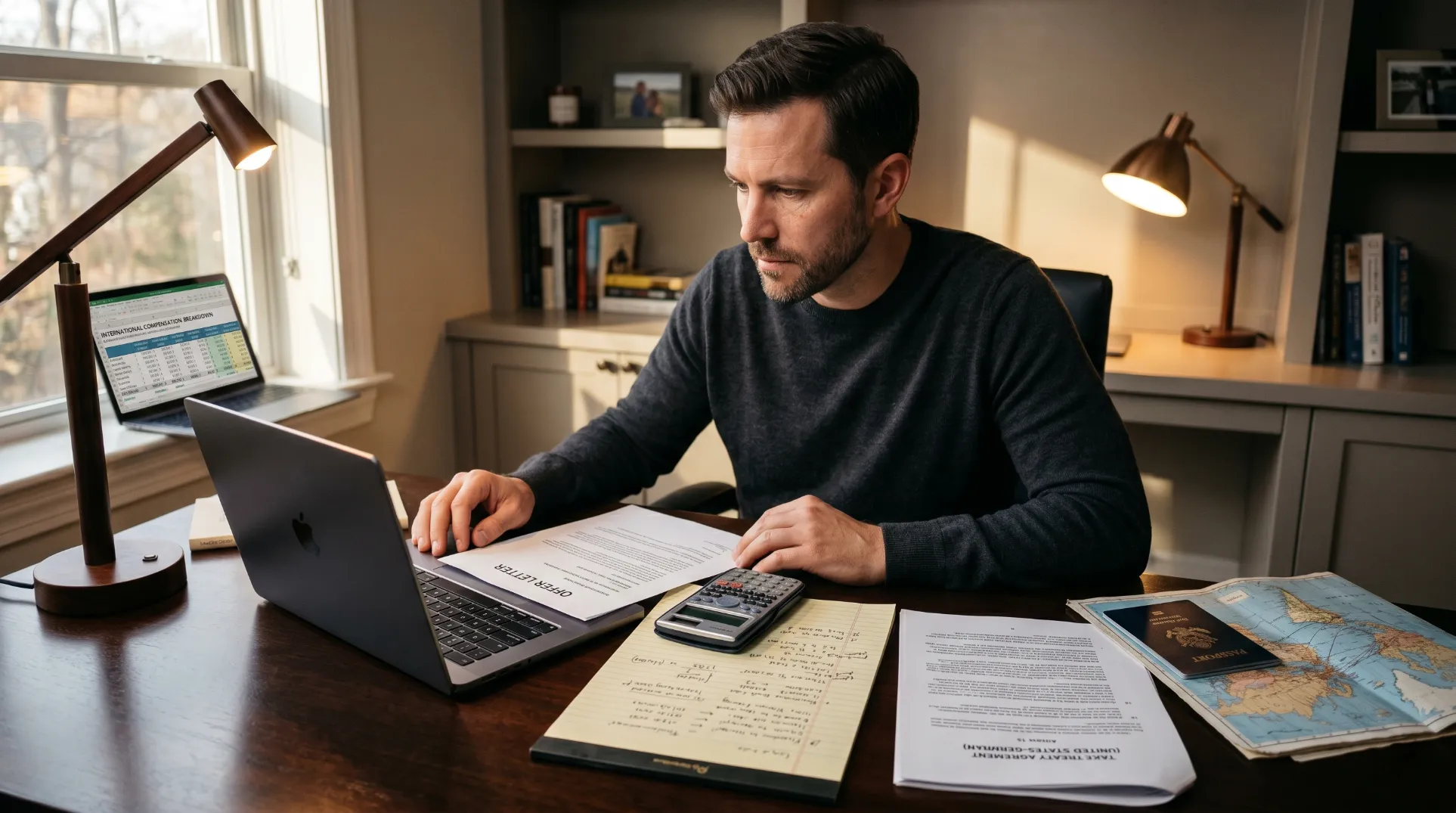 Candidat examinant une offre d'emploi internationale avec calculatrice et documents fiscaux sur son bureau