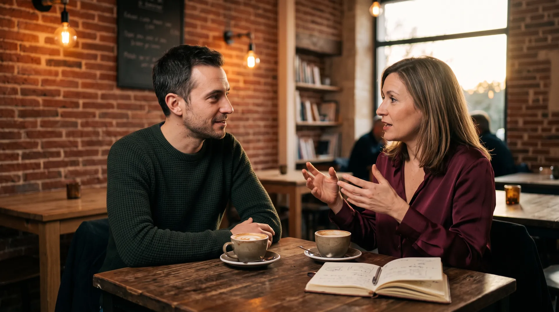 Candidate introvertie en echange profond avec un contact professionnel dans un cafe calme et intimiste