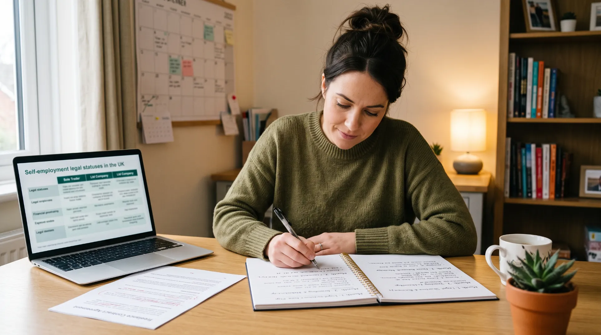 Recruteuse preparant son plan de transition du salariat vers l'independance avec son ordinateur et un carnet