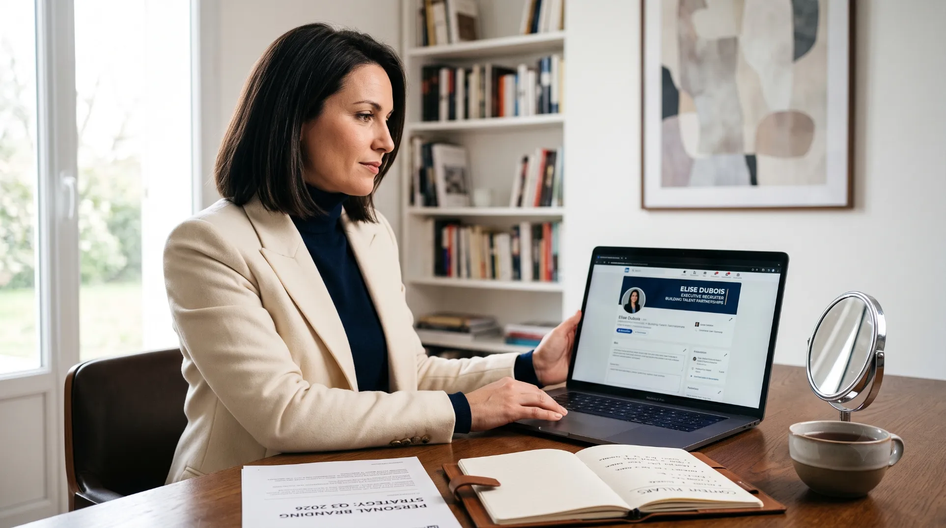 Recruteur independant optimisant sa page LinkedIn professionnelle avec plusieurs elements visuels sur son ecran