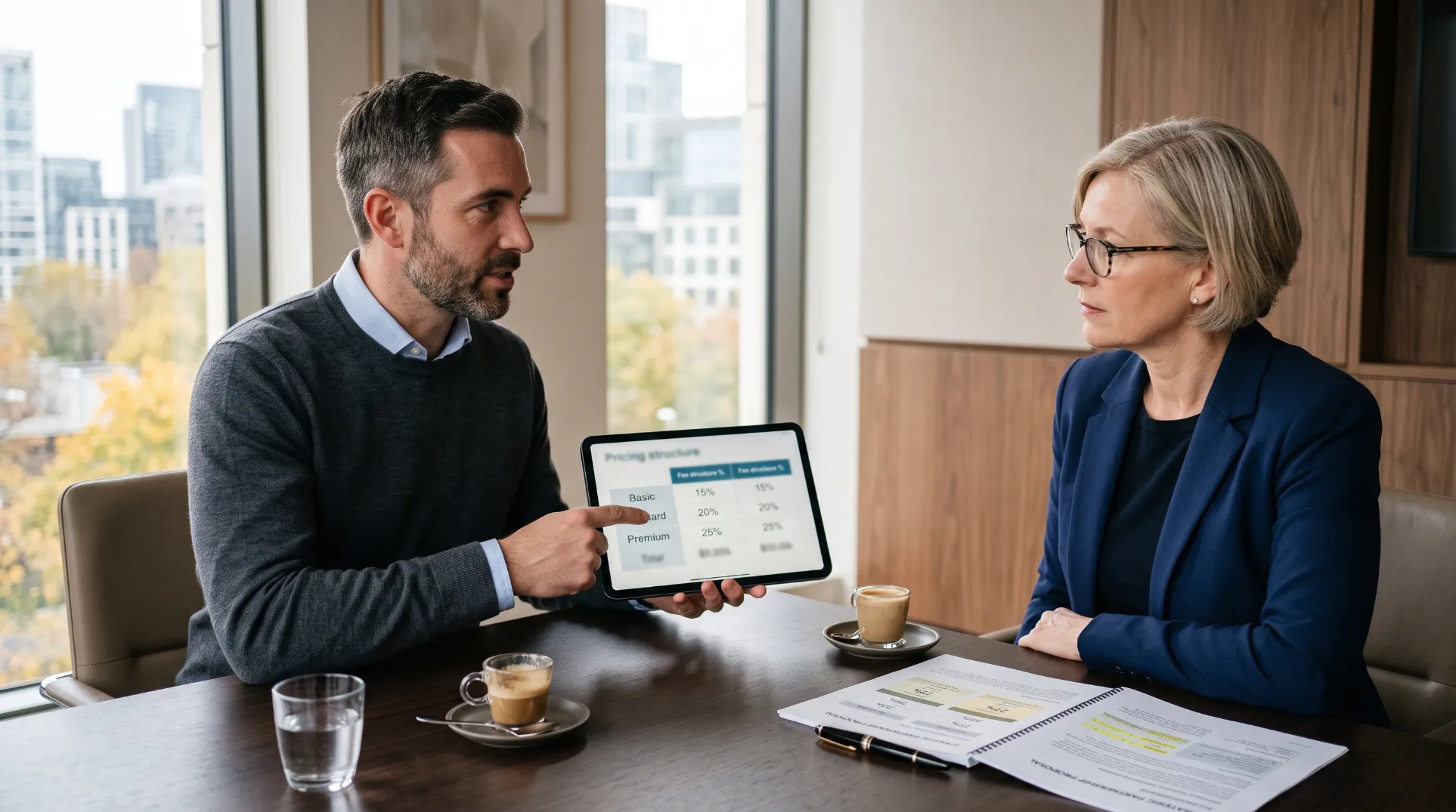Recruteur independant presentant une proposition commerciale avec plusieurs niveaux tarifaires sur un ecran