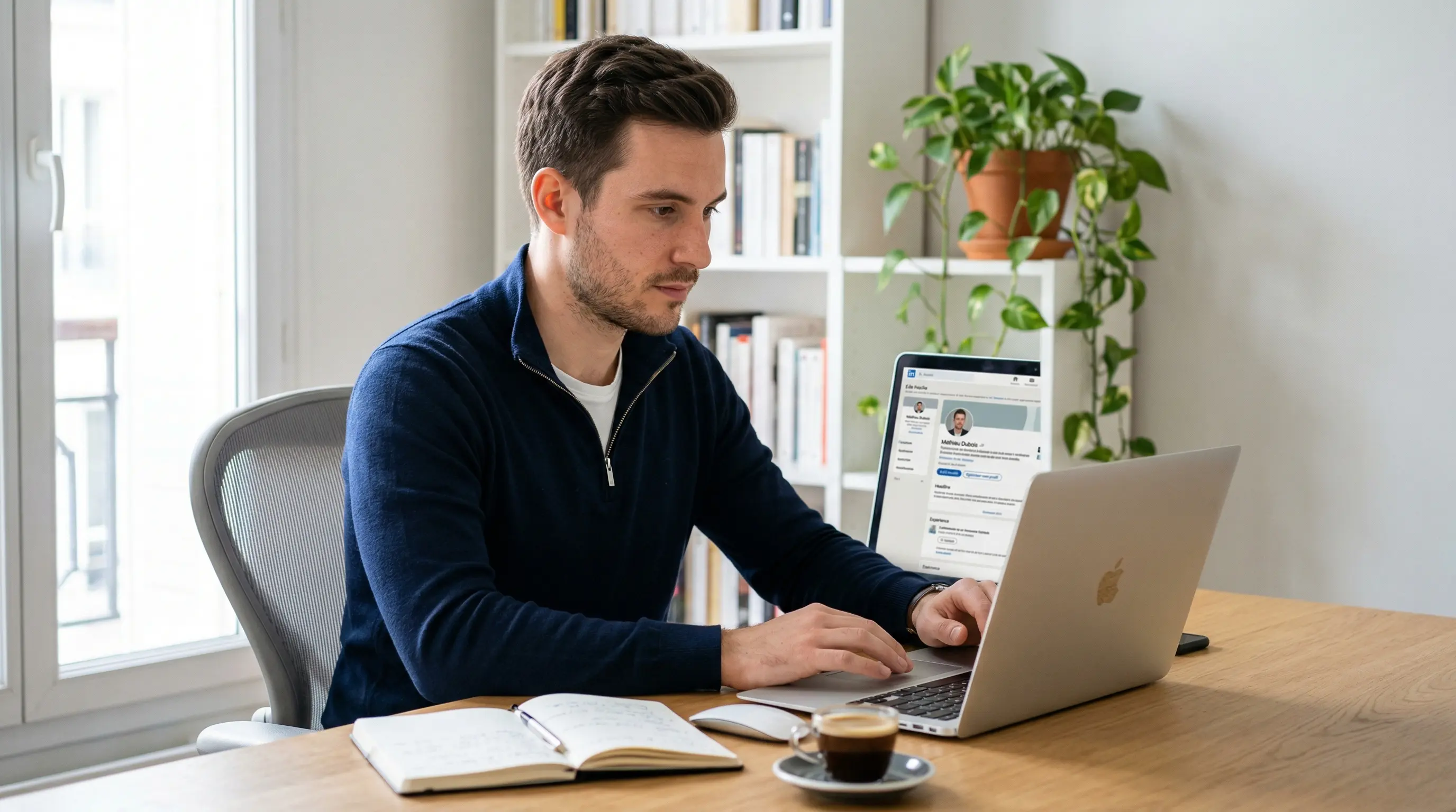 Professionnel construisant son profil LinkedIn sur ordinateur portable dans un bureau moderne lumineux
